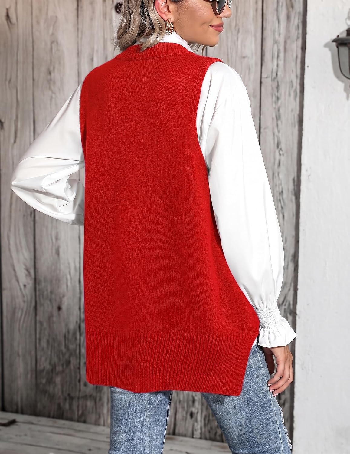 image:imageZeagoo Sweater Vest Women Sleeveless V Neck Oversized Pullover Knitted Tops 2026 Fall OutfitsRed