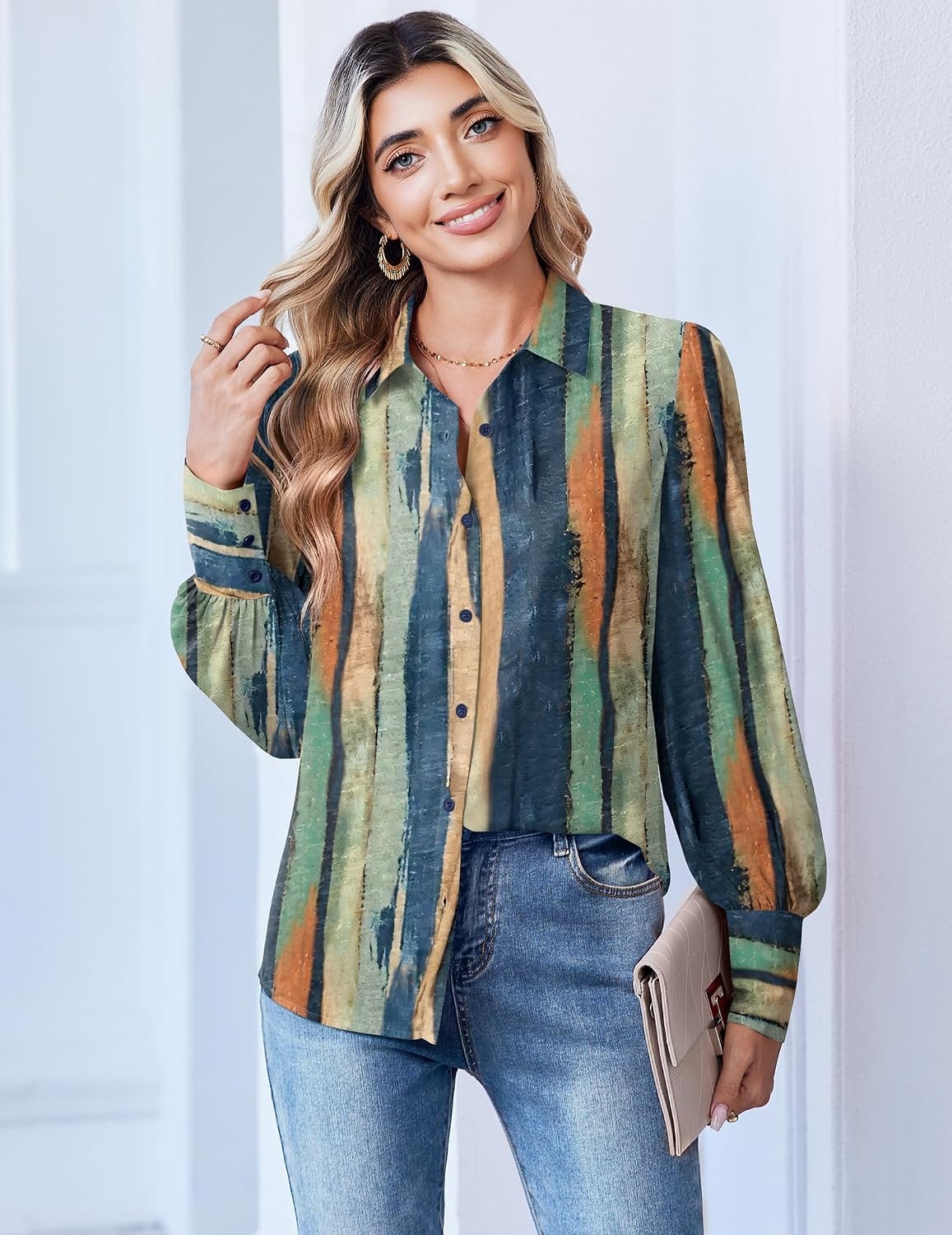 image:imageZeagoo Women Button Down Shirts Lantern Long Sleeve Tops Business Casual Chiffon Blouses Trendy Work ClothesCx289multicolored