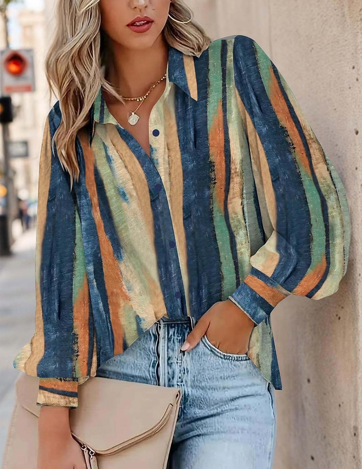 image:imageZeagoo Women Button Down Shirts Lantern Long Sleeve Tops Business Casual Chiffon Blouses Trendy Work ClothesCx289multicolored