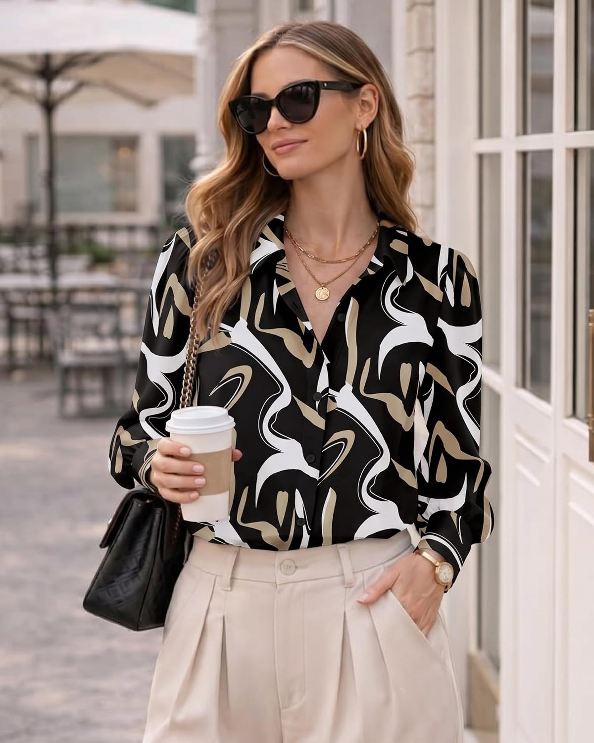 image:imageZeagoo Women Button Down Shirts Lantern Long Sleeve Tops Business Casual Chiffon Blouses Trendy Work ClothesCx312