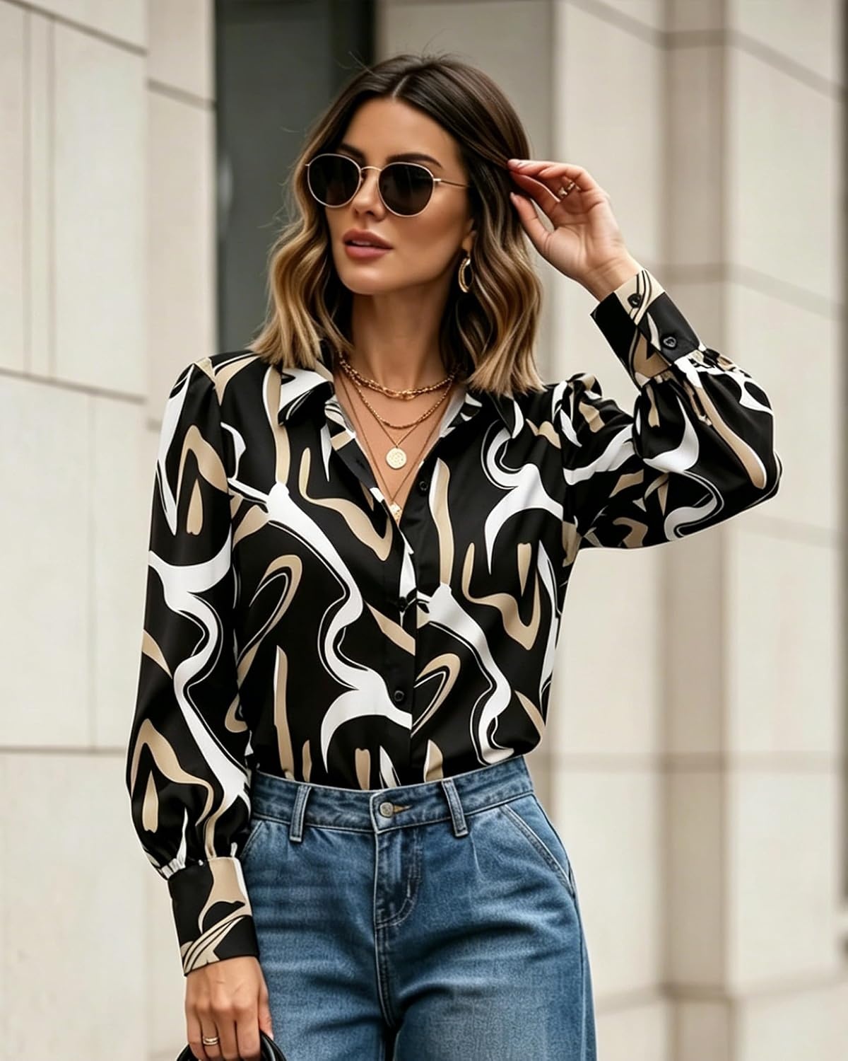 image:imageZeagoo Women Button Down Shirts Lantern Long Sleeve Tops Business Casual Chiffon Blouses Trendy Work ClothesCx312