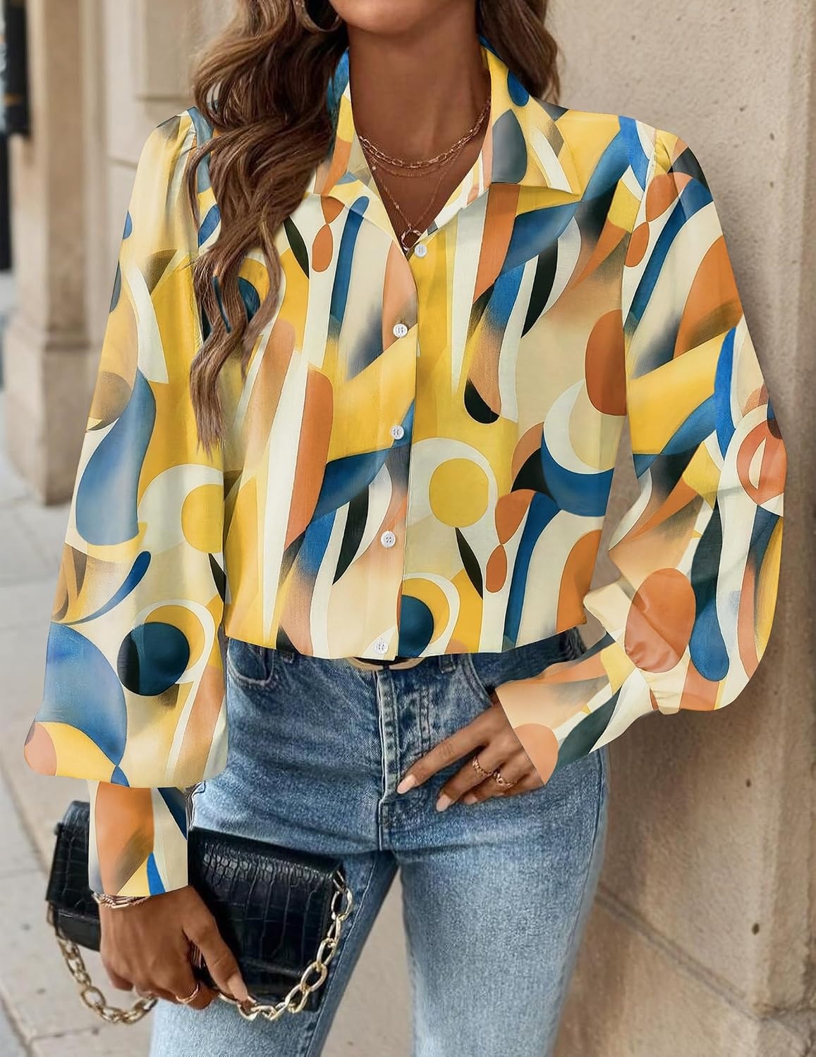 image:imageZeagoo Women Button Down Shirts Lantern Long Sleeve Tops Business Casual Chiffon Blouses Trendy Work ClothesJh579multicolored