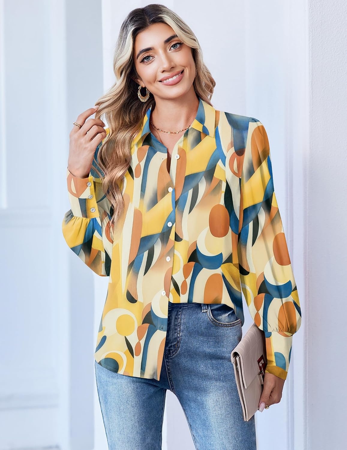 image:imageZeagoo Women Button Down Shirts Lantern Long Sleeve Tops Business Casual Chiffon Blouses Trendy Work ClothesJh579multicolored