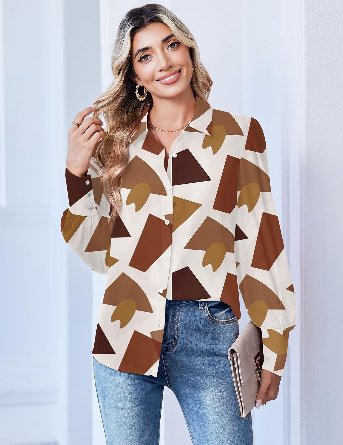 image:imageZeagoo Women Button Down Shirts Lantern Long Sleeve Tops Business Casual Chiffon Blouses Trendy Work ClothesJh587