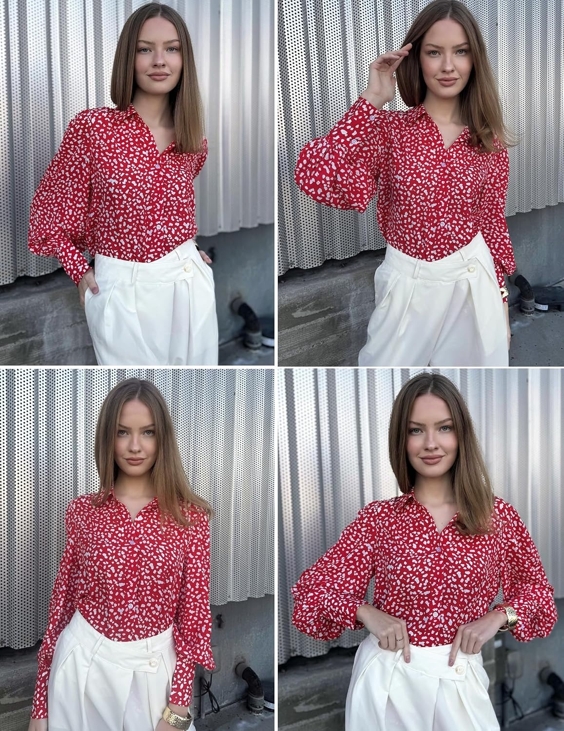 image:imageZeagoo Women Button Down Shirts Lantern Long Sleeve Tops Business Casual Chiffon Blouses Trendy Work ClothesJh590red