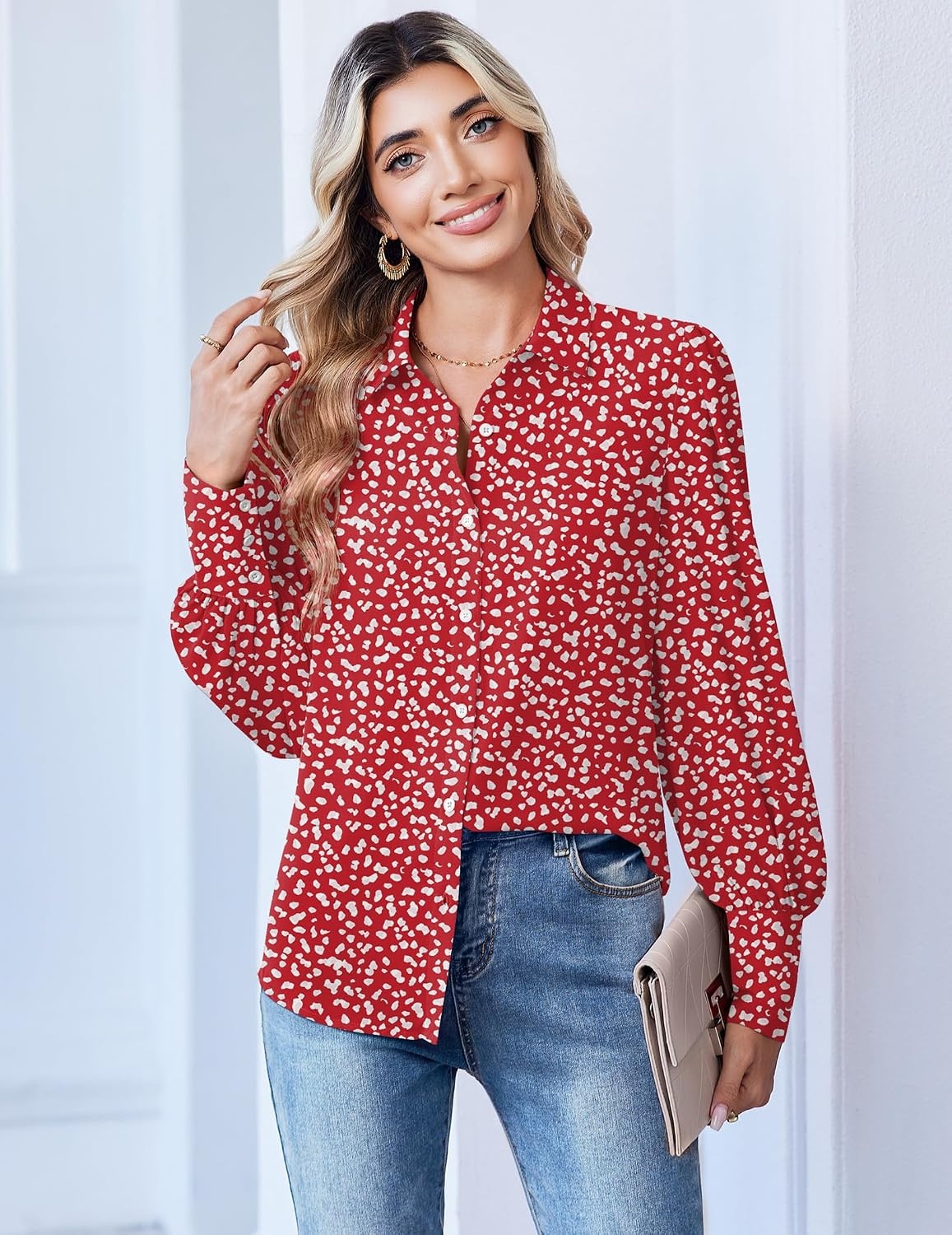 image:imageZeagoo Women Button Down Shirts Lantern Long Sleeve Tops Business Casual Chiffon Blouses Trendy Work ClothesJh590red