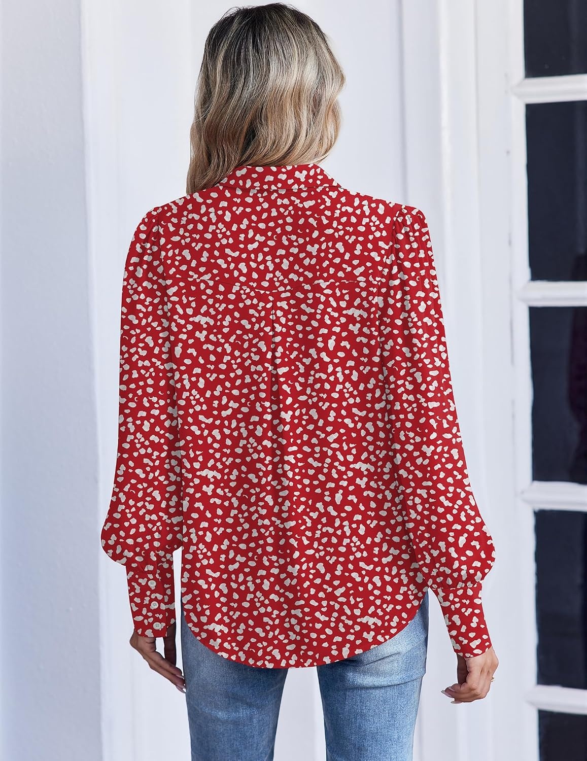 image:imageZeagoo Women Button Down Shirts Lantern Long Sleeve Tops Business Casual Chiffon Blouses Trendy Work ClothesJh590red