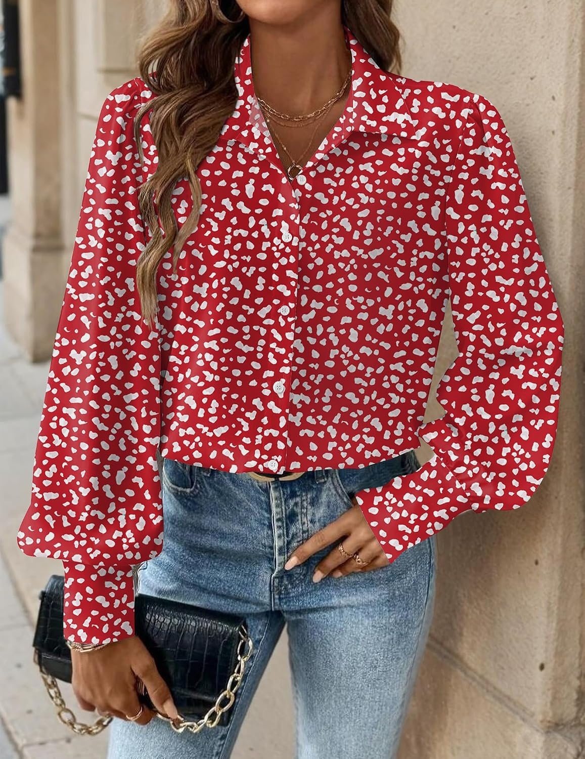 image:imageZeagoo Women Button Down Shirts Lantern Long Sleeve Tops Business Casual Chiffon Blouses Trendy Work ClothesJh590red