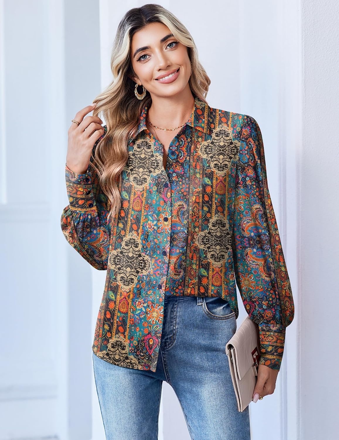 image:imageZeagoo Women Button Down Shirts Lantern Long Sleeve Tops Business Casual Chiffon Blouses Trendy Work ClothesMz721multicolored