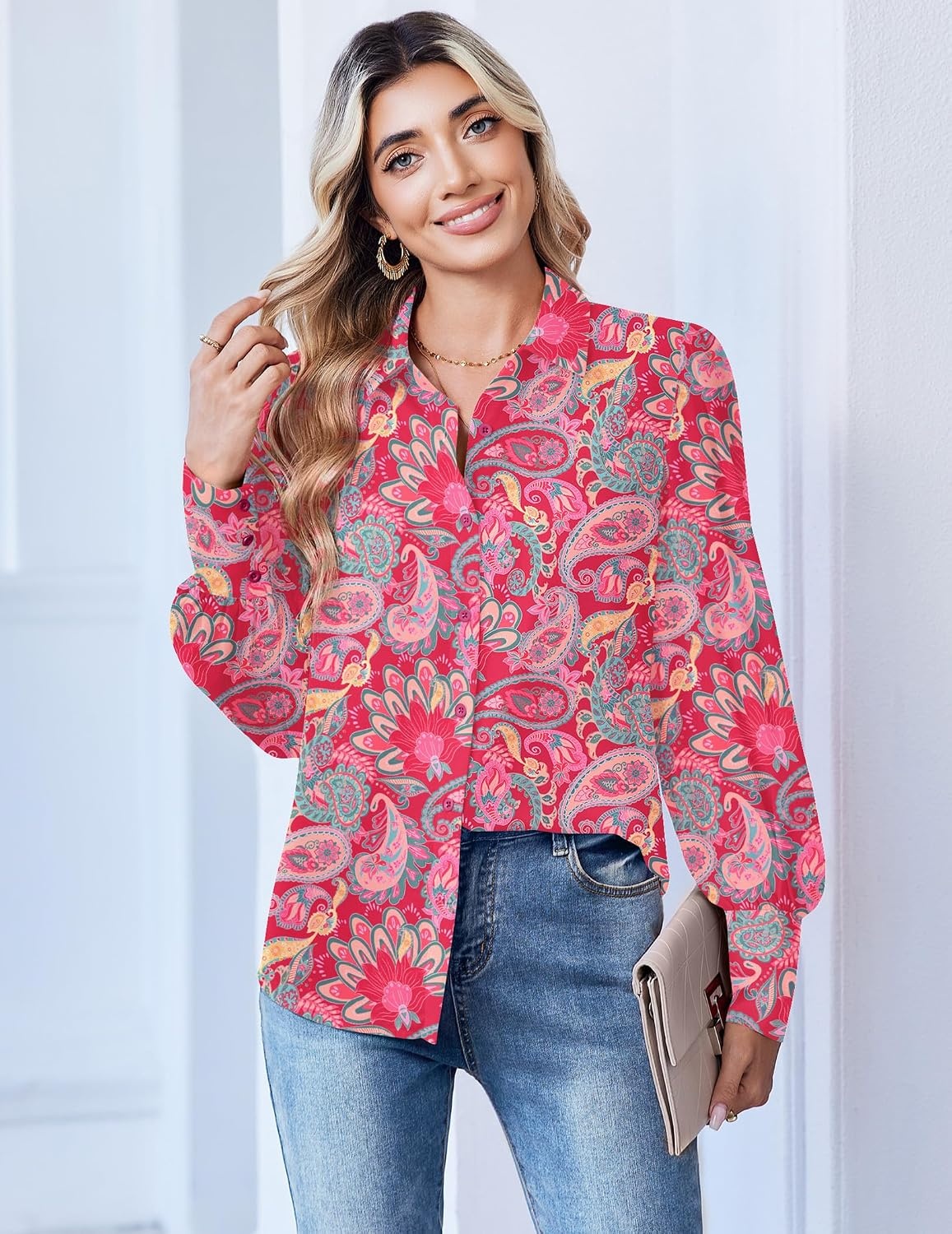image:imageZeagoo Women Button Down Shirts Lantern Long Sleeve Tops Business Casual Chiffon Blouses Trendy Work ClothesMz750boho