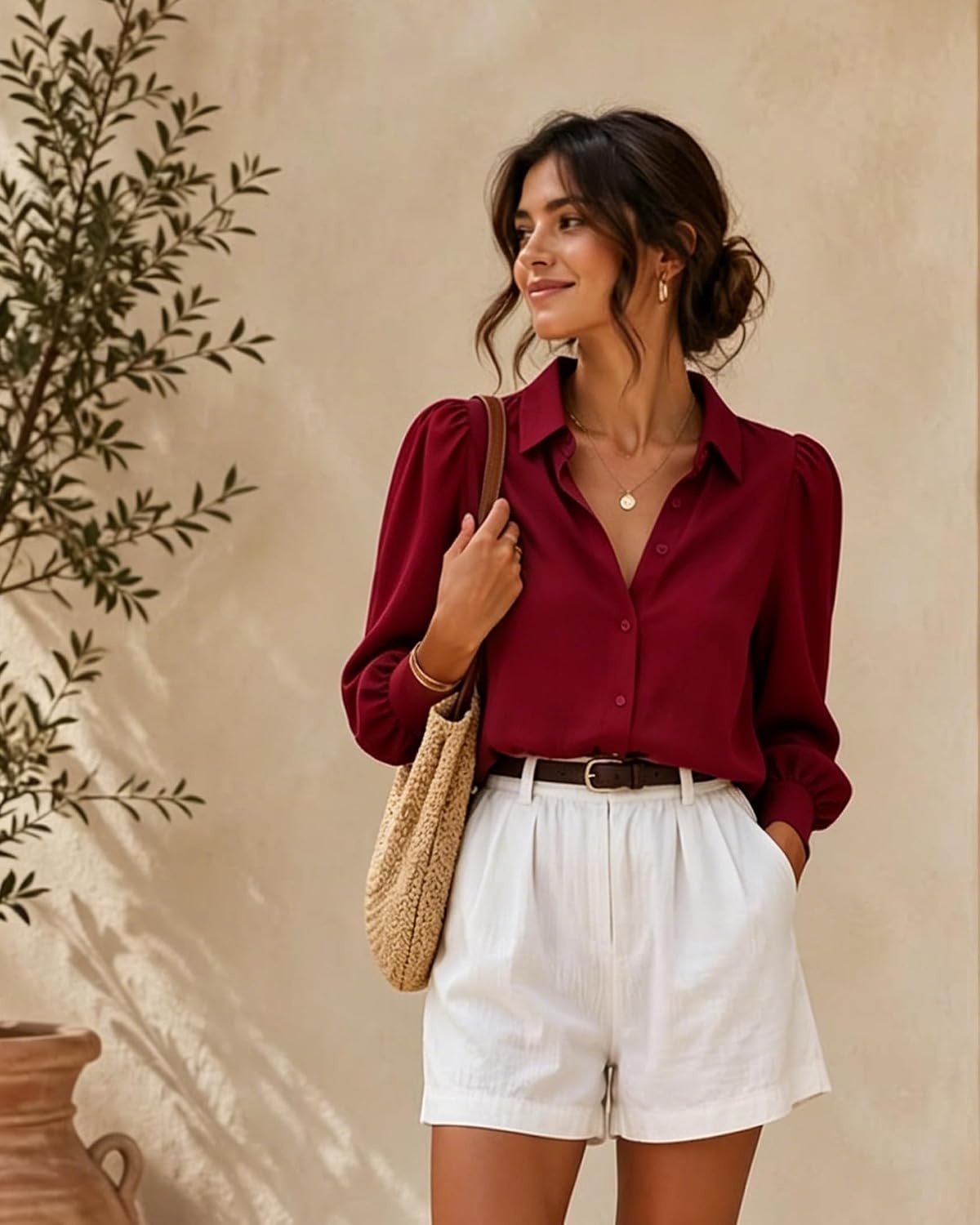 image:imageZeagoo Women Button Down Shirts Lantern Long Sleeve Tops Business Casual Chiffon Blouses Trendy Work ClothesRed