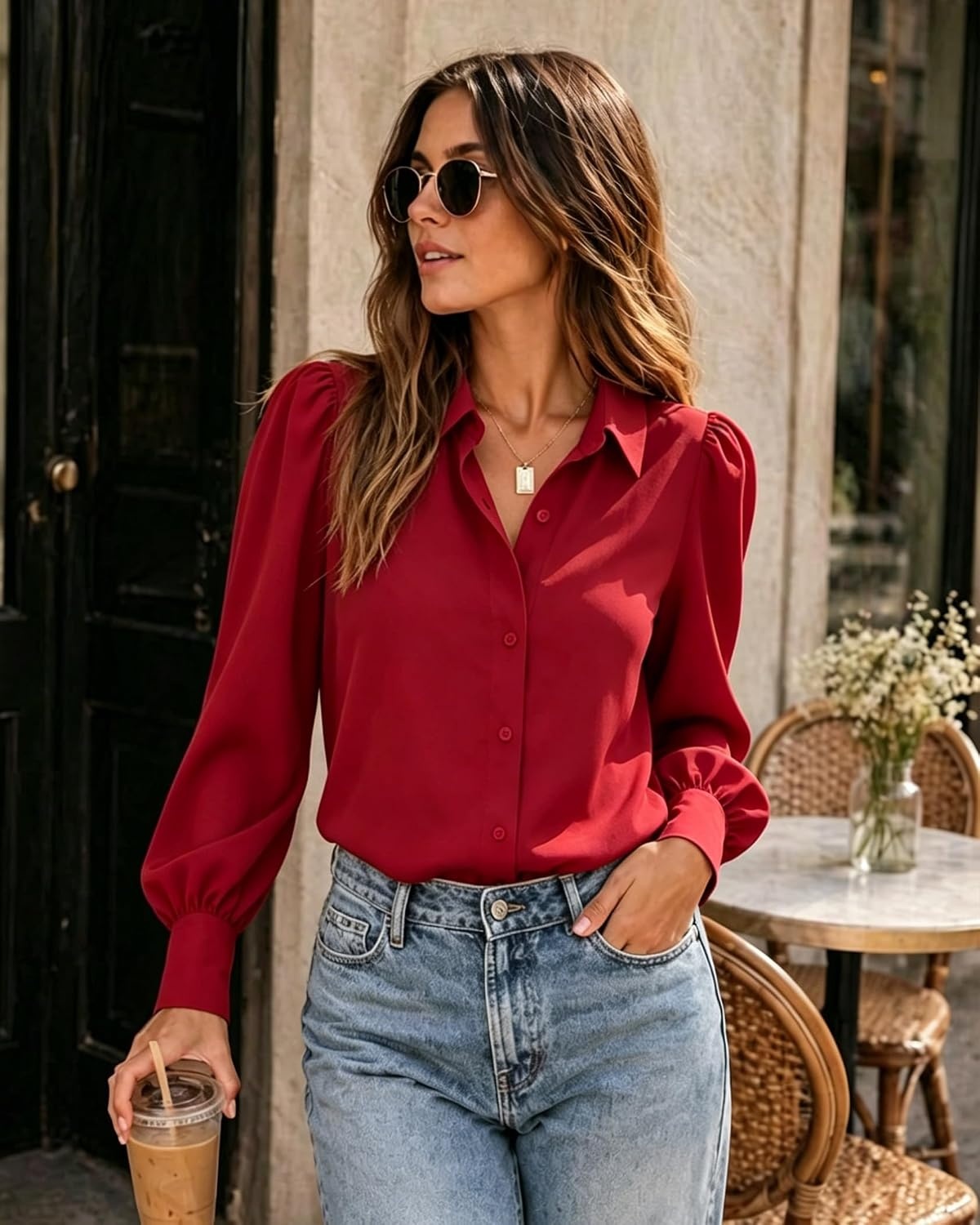 image:imageZeagoo Women Button Down Shirts Lantern Long Sleeve Tops Business Casual Chiffon Blouses Trendy Work ClothesRed