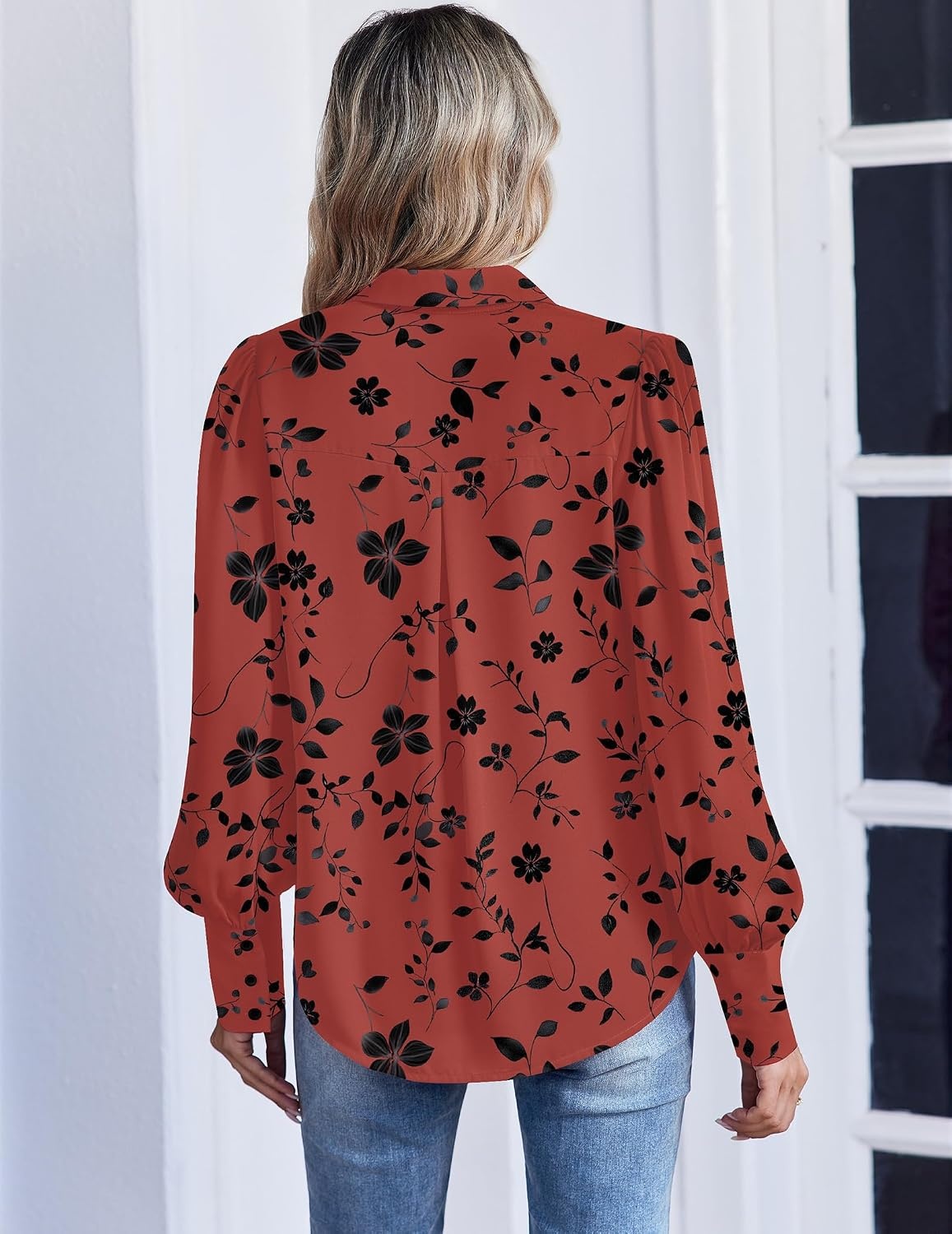 image:imageZeagoo Women Button Down Shirts Lantern Long Sleeve Tops Business Casual Chiffon Blouses Trendy Work ClothesSf290pattern