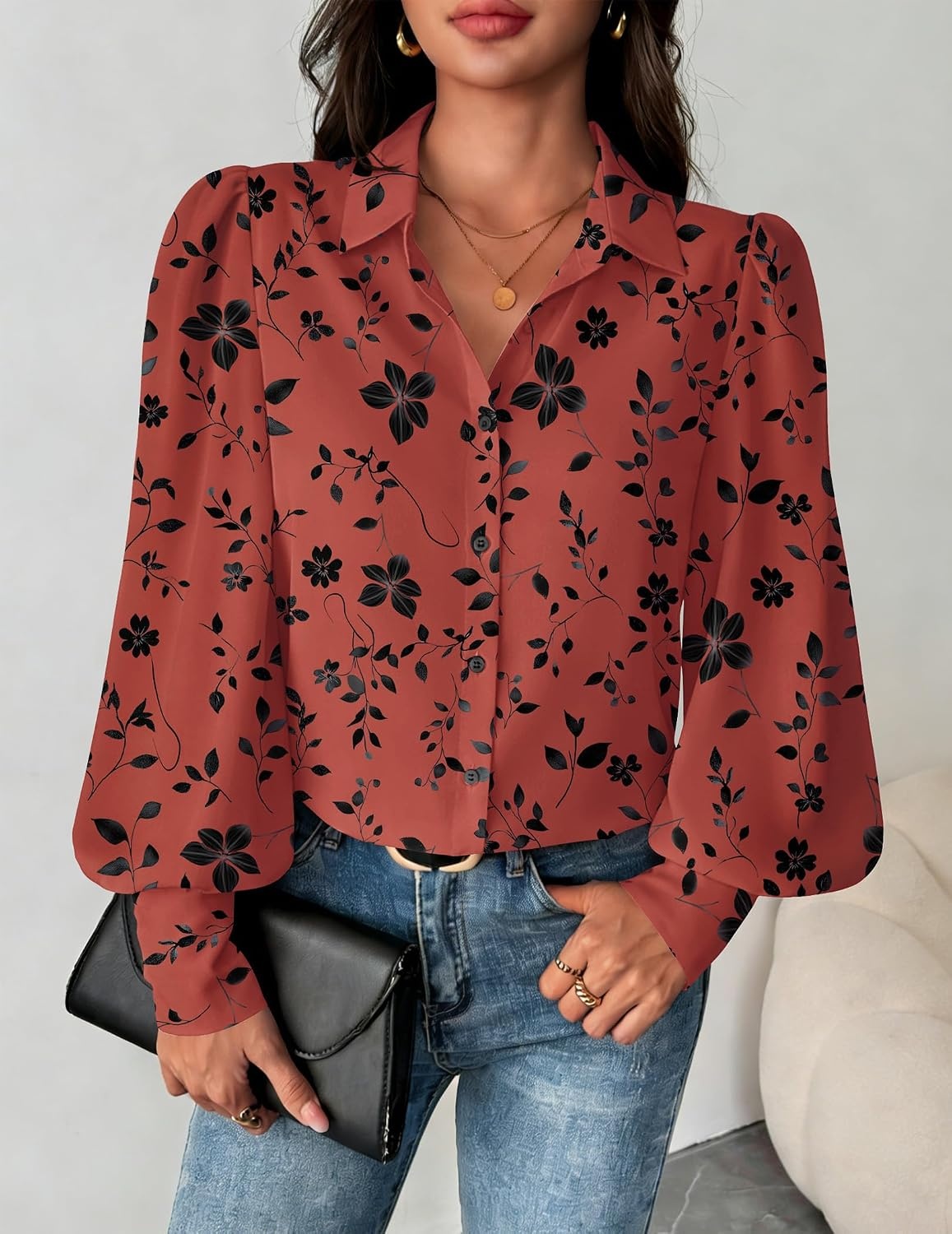 image:imageZeagoo Women Button Down Shirts Lantern Long Sleeve Tops Business Casual Chiffon Blouses Trendy Work ClothesSf290pattern