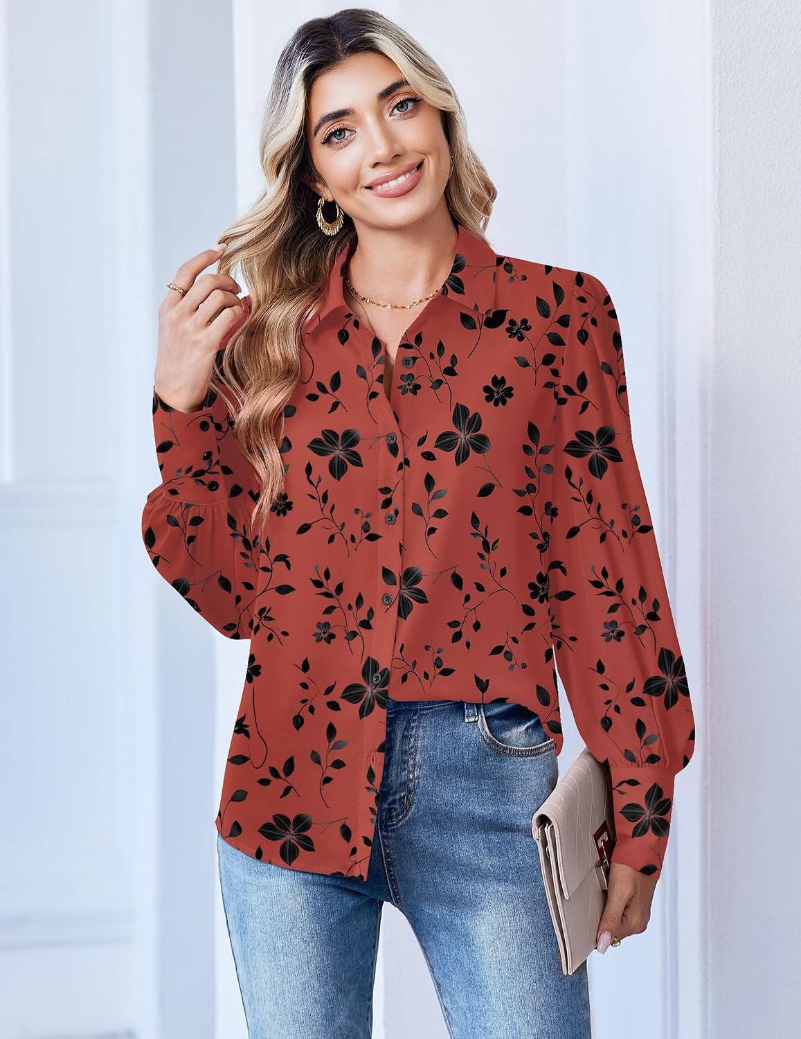 image:imageZeagoo Women Button Down Shirts Lantern Long Sleeve Tops Business Casual Chiffon Blouses Trendy Work ClothesSf290pattern