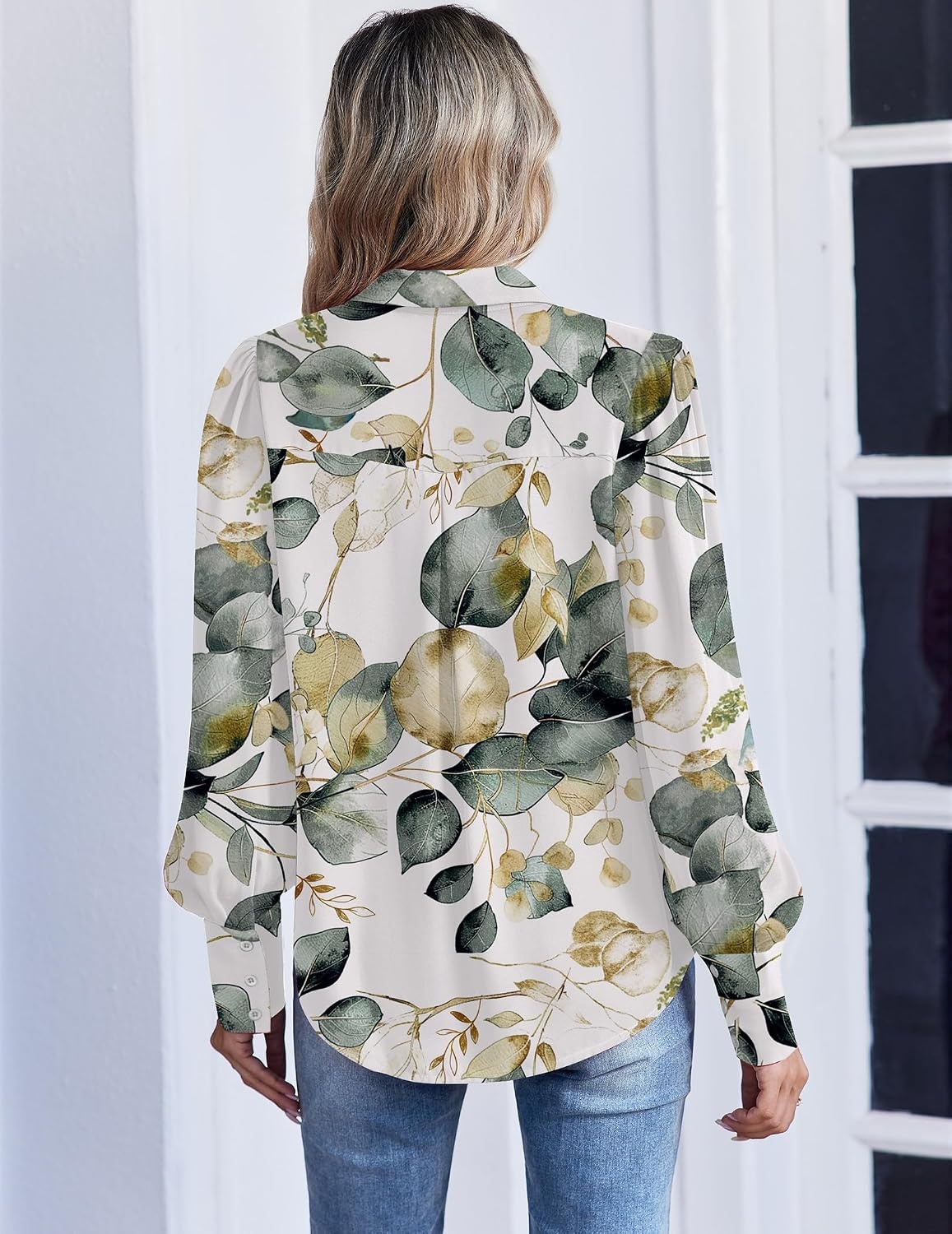 image:imageZeagoo Women Button Down Shirts Lantern Long Sleeve Tops Business Casual Chiffon Blouses Trendy Work ClothesSp99green Leaves