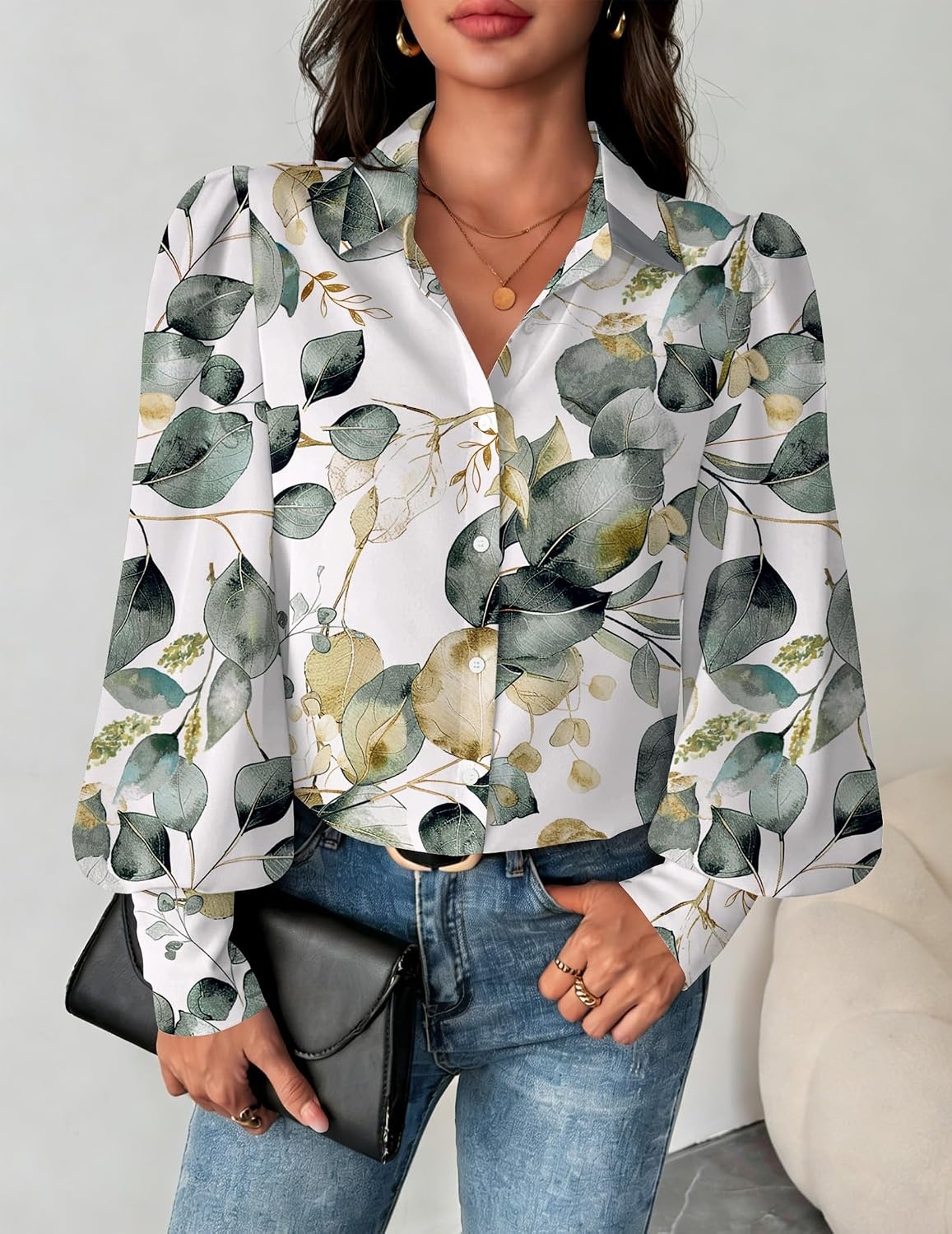 image:imageZeagoo Women Button Down Shirts Lantern Long Sleeve Tops Business Casual Chiffon Blouses Trendy Work ClothesSp99green Leaves