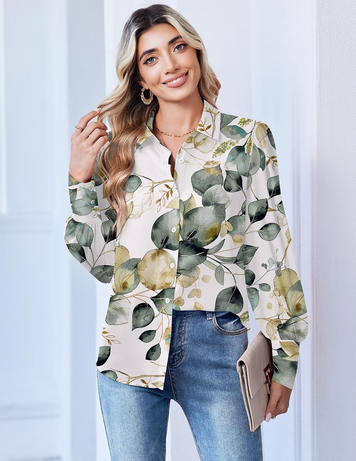 image:imageZeagoo Women Button Down Shirts Lantern Long Sleeve Tops Business Casual Chiffon Blouses Trendy Work ClothesSp99green Leaves