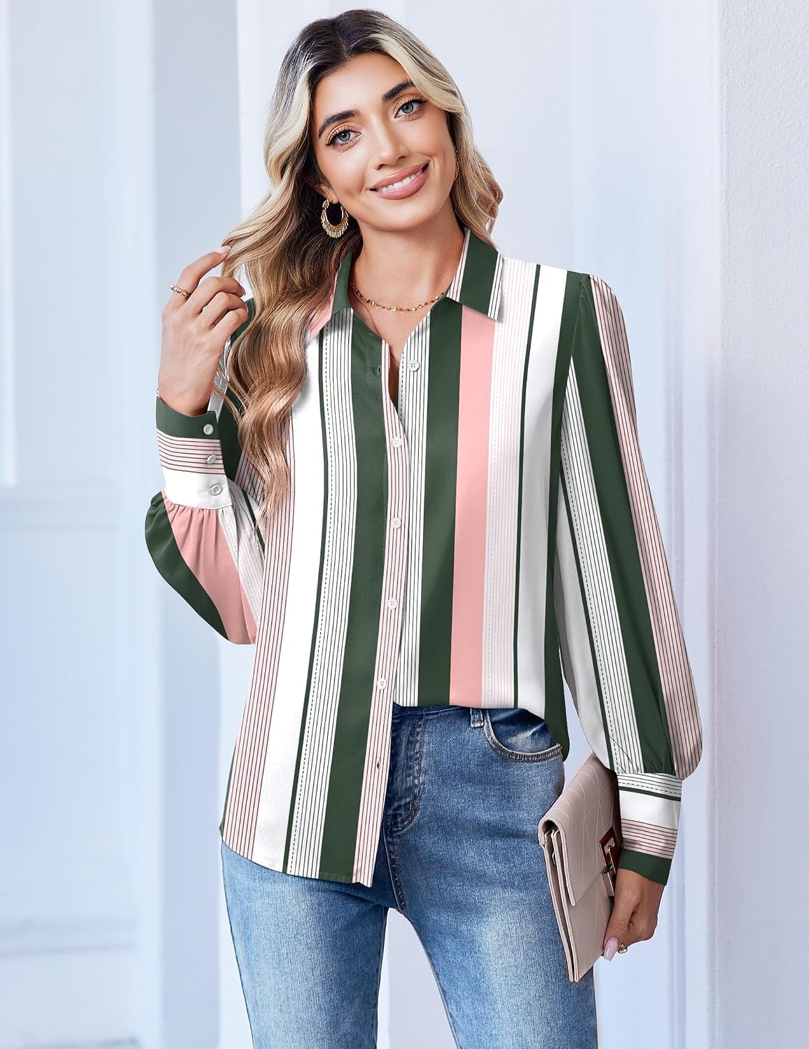 image:imageZeagoo Women Button Down Shirts Lantern Long Sleeve Tops Business Casual Chiffon Blouses Trendy Work ClothesTz264stripe