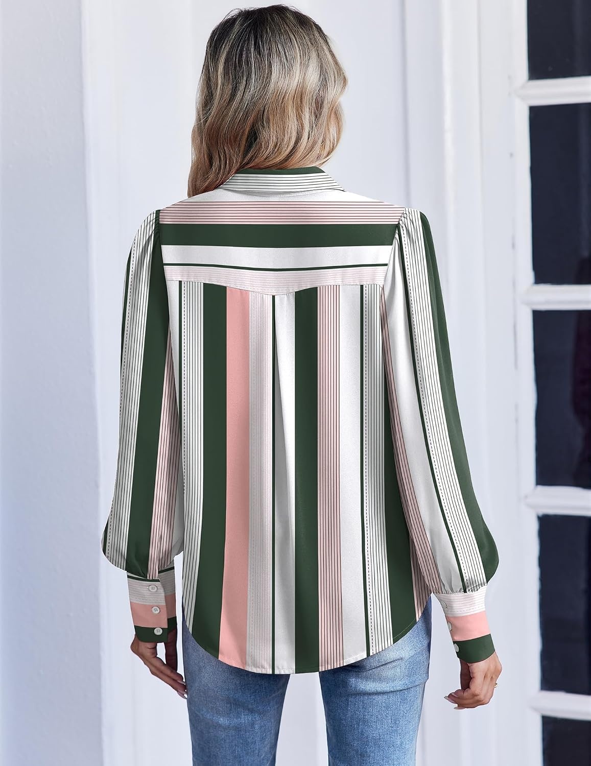image:imageZeagoo Women Button Down Shirts Lantern Long Sleeve Tops Business Casual Chiffon Blouses Trendy Work ClothesTz264stripe