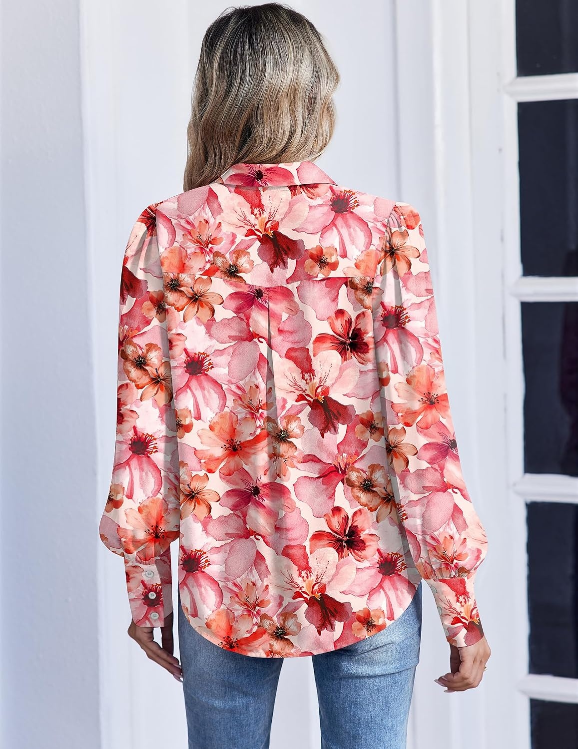 image:imageZeagoo Women Button Down Shirts Lantern Long Sleeve Tops Business Casual Chiffon Blouses Trendy Work ClothesWf97pink