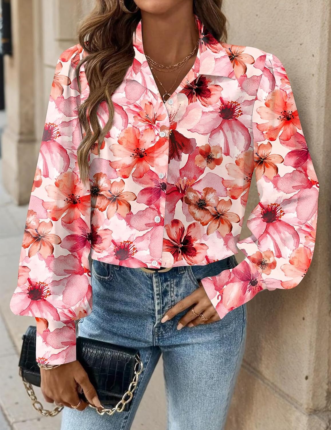 image:imageZeagoo Women Button Down Shirts Lantern Long Sleeve Tops Business Casual Chiffon Blouses Trendy Work ClothesWf97pink