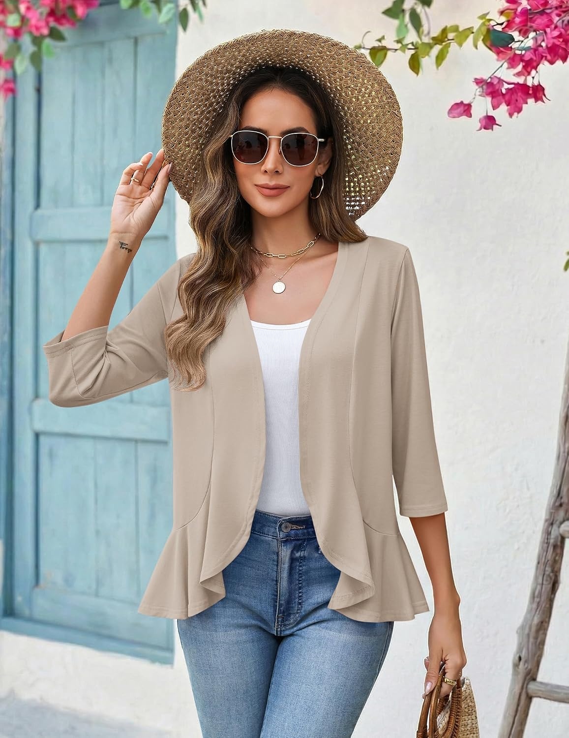 image:imageZeagoo Womens 2026 Summer 34 Sleeve Lightweight Cardigans Open Front Draped Ruffles Kimono CoverupsApricot