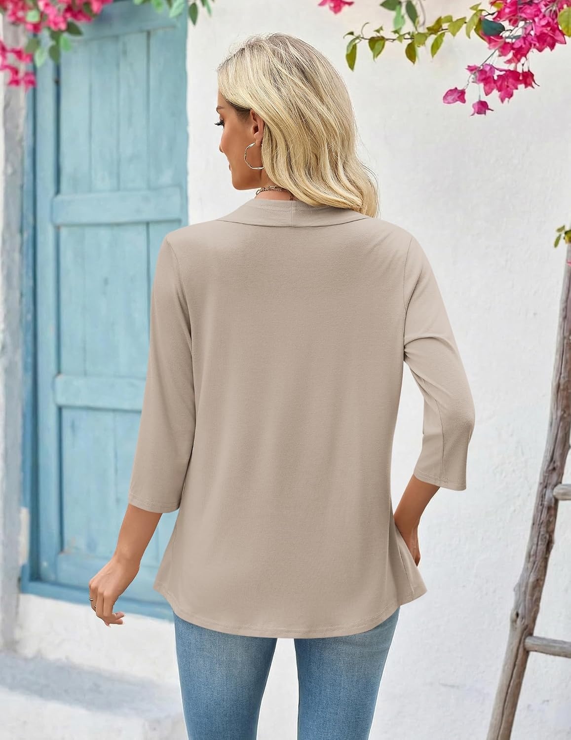 image:imageZeagoo Womens 2026 Summer 34 Sleeve Lightweight Cardigans Open Front Draped Ruffles Kimono CoverupsApricot
