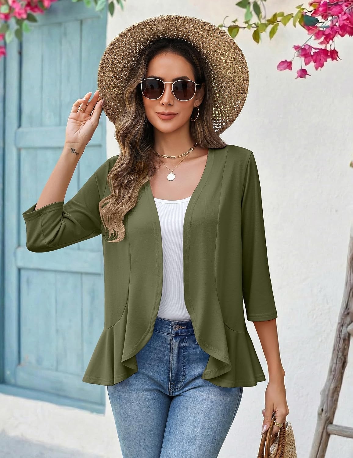 image:imageZeagoo Womens 2026 Summer 34 Sleeve Lightweight Cardigans Open Front Draped Ruffles Kimono CoverupsArmy Green