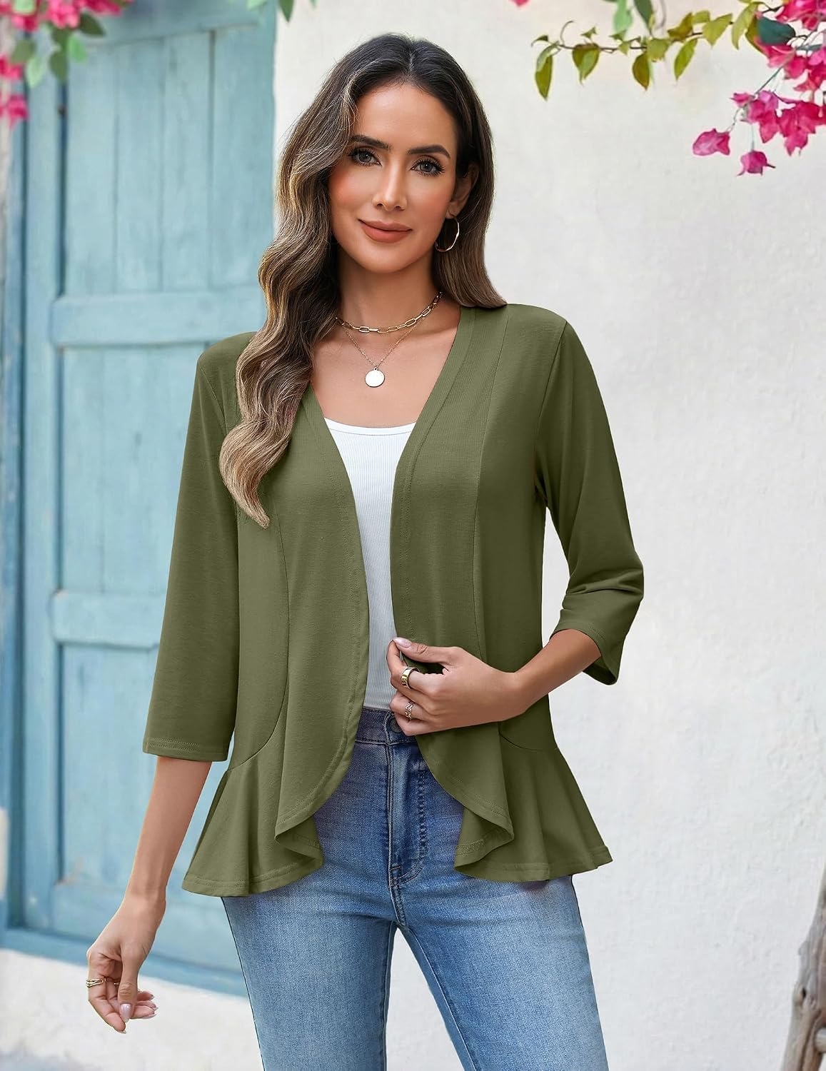 image:imageZeagoo Womens 2026 Summer 34 Sleeve Lightweight Cardigans Open Front Draped Ruffles Kimono CoverupsArmy Green