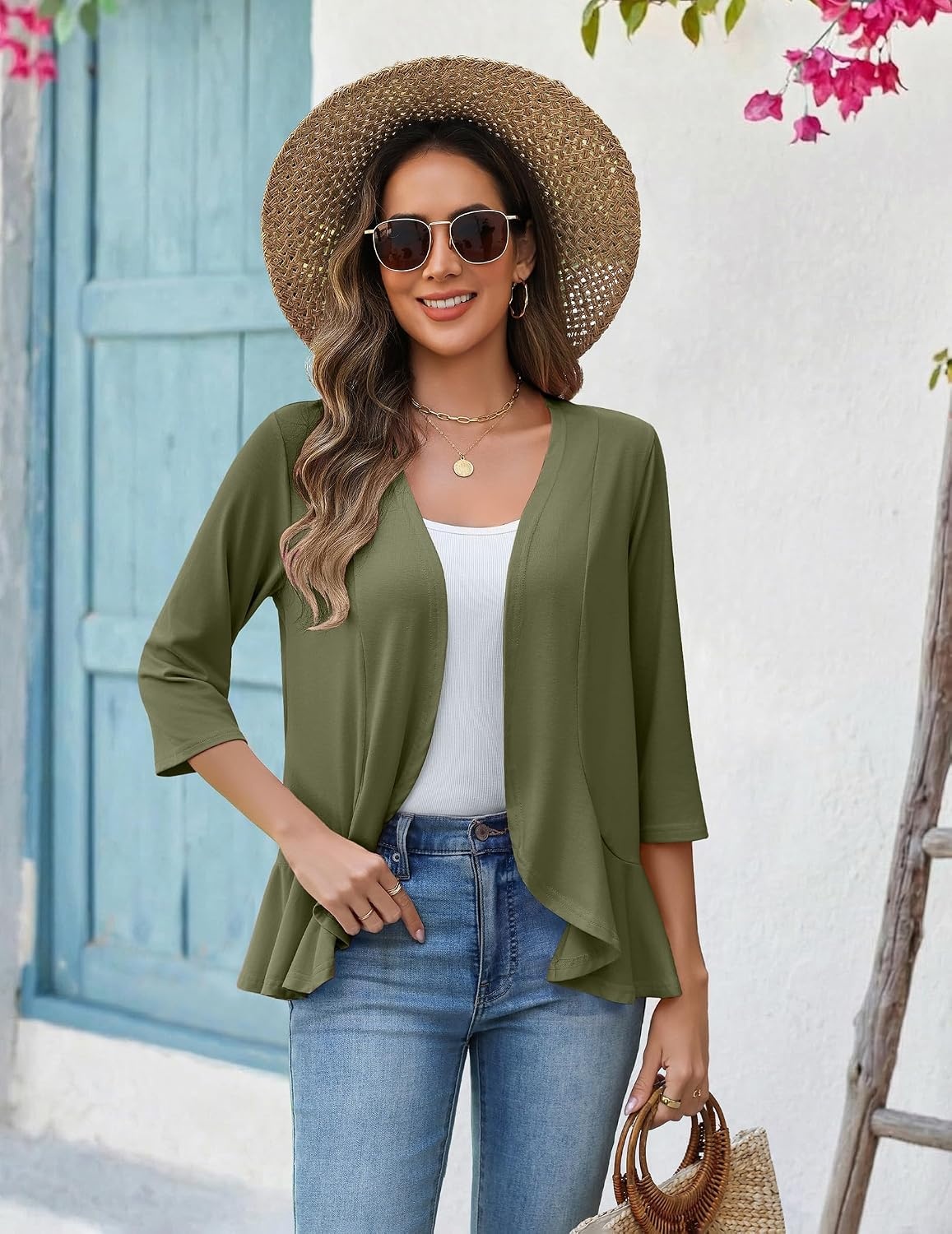 image:imageZeagoo Womens 2026 Summer 34 Sleeve Lightweight Cardigans Open Front Draped Ruffles Kimono CoverupsArmy Green