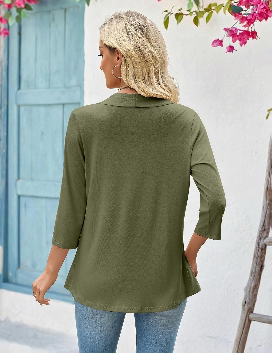 image:imageZeagoo Womens 2026 Summer 34 Sleeve Lightweight Cardigans Open Front Draped Ruffles Kimono CoverupsArmy Green