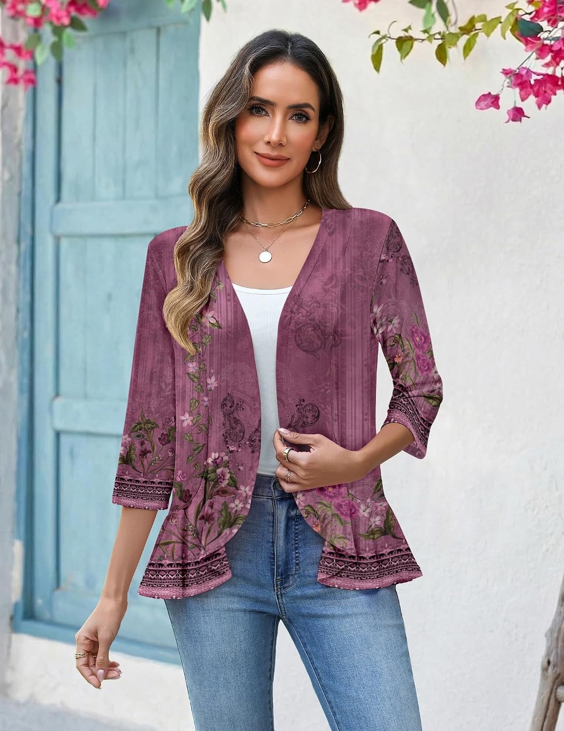 image:imageZeagoo Womens 2026 Summer 34 Sleeve Lightweight Cardigans Open Front Draped Ruffles Kimono CoverupsMz841