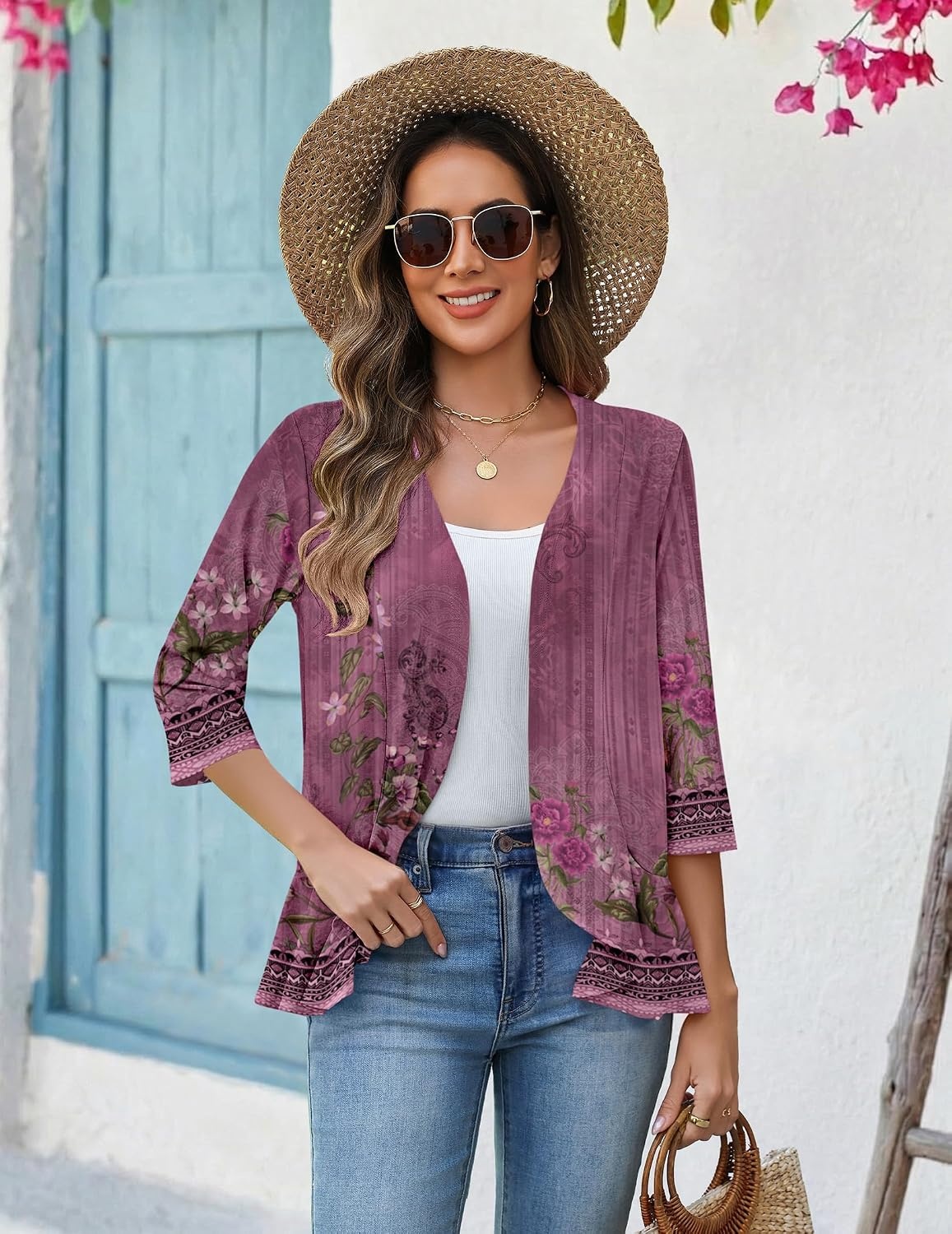 image:imageZeagoo Womens 2026 Summer 34 Sleeve Lightweight Cardigans Open Front Draped Ruffles Kimono CoverupsMz841