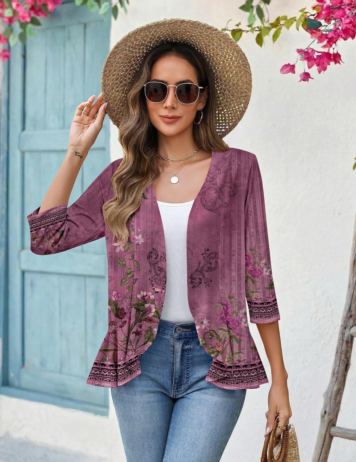 image:imageZeagoo Womens 2026 Summer 34 Sleeve Lightweight Cardigans Open Front Draped Ruffles Kimono CoverupsMz841