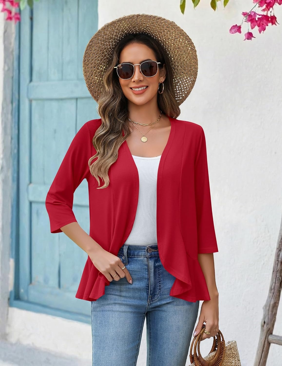 image:imageZeagoo Womens 2026 Summer 34 Sleeve Lightweight Cardigans Open Front Draped Ruffles Kimono CoverupsRed