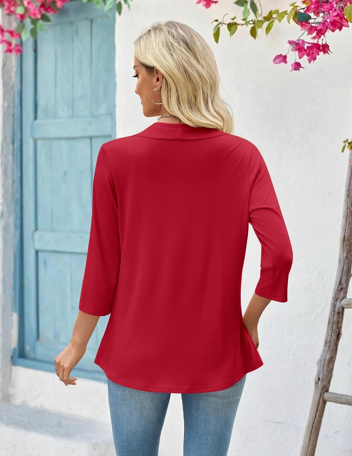 image:imageZeagoo Womens 2026 Summer 34 Sleeve Lightweight Cardigans Open Front Draped Ruffles Kimono CoverupsRed