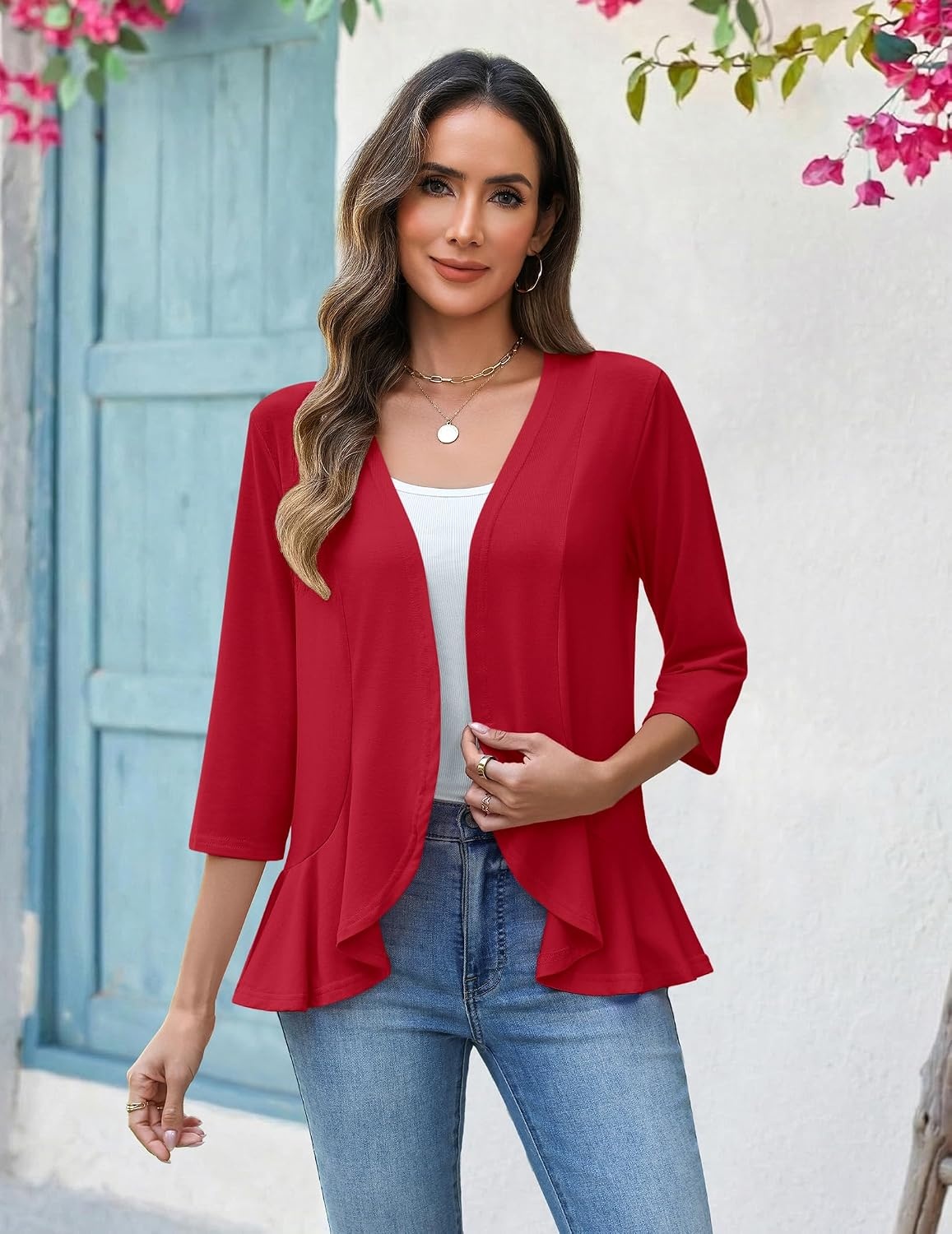 image:imageZeagoo Womens 2026 Summer 34 Sleeve Lightweight Cardigans Open Front Draped Ruffles Kimono CoverupsRed