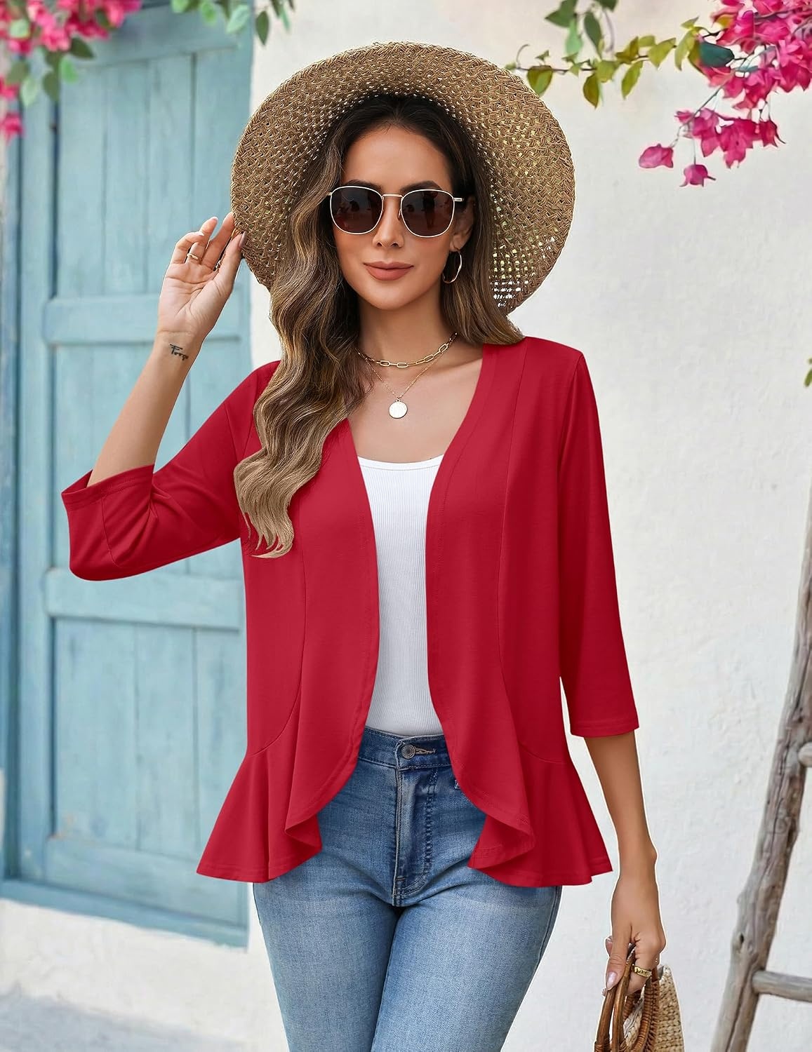 image:imageZeagoo Womens 2026 Summer 34 Sleeve Lightweight Cardigans Open Front Draped Ruffles Kimono CoverupsRed