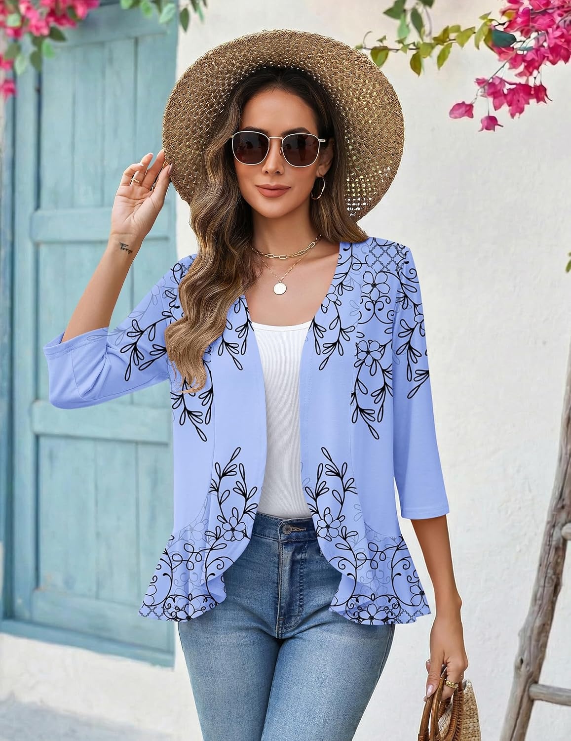 image:imageZeagoo Womens 2026 Summer 34 Sleeve Lightweight Cardigans Open Front Draped Ruffles Kimono CoverupsSf166