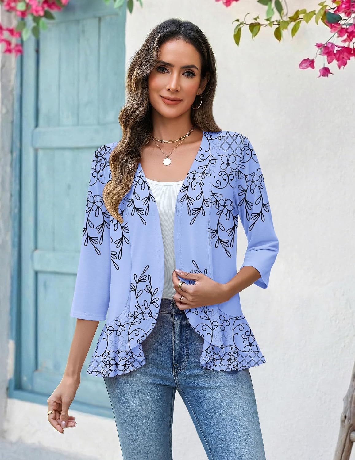 image:imageZeagoo Womens 2026 Summer 34 Sleeve Lightweight Cardigans Open Front Draped Ruffles Kimono CoverupsSf166