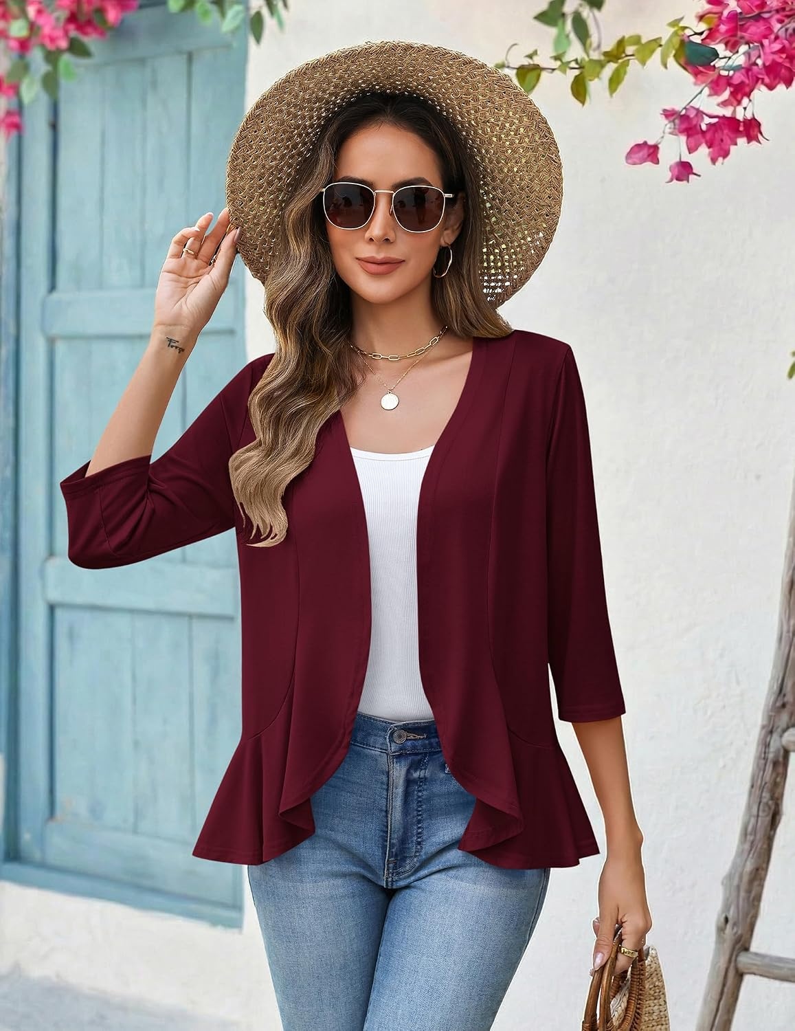 image:imageZeagoo Womens 2026 Summer 34 Sleeve Lightweight Cardigans Open Front Draped Ruffles Kimono CoverupsWine Red