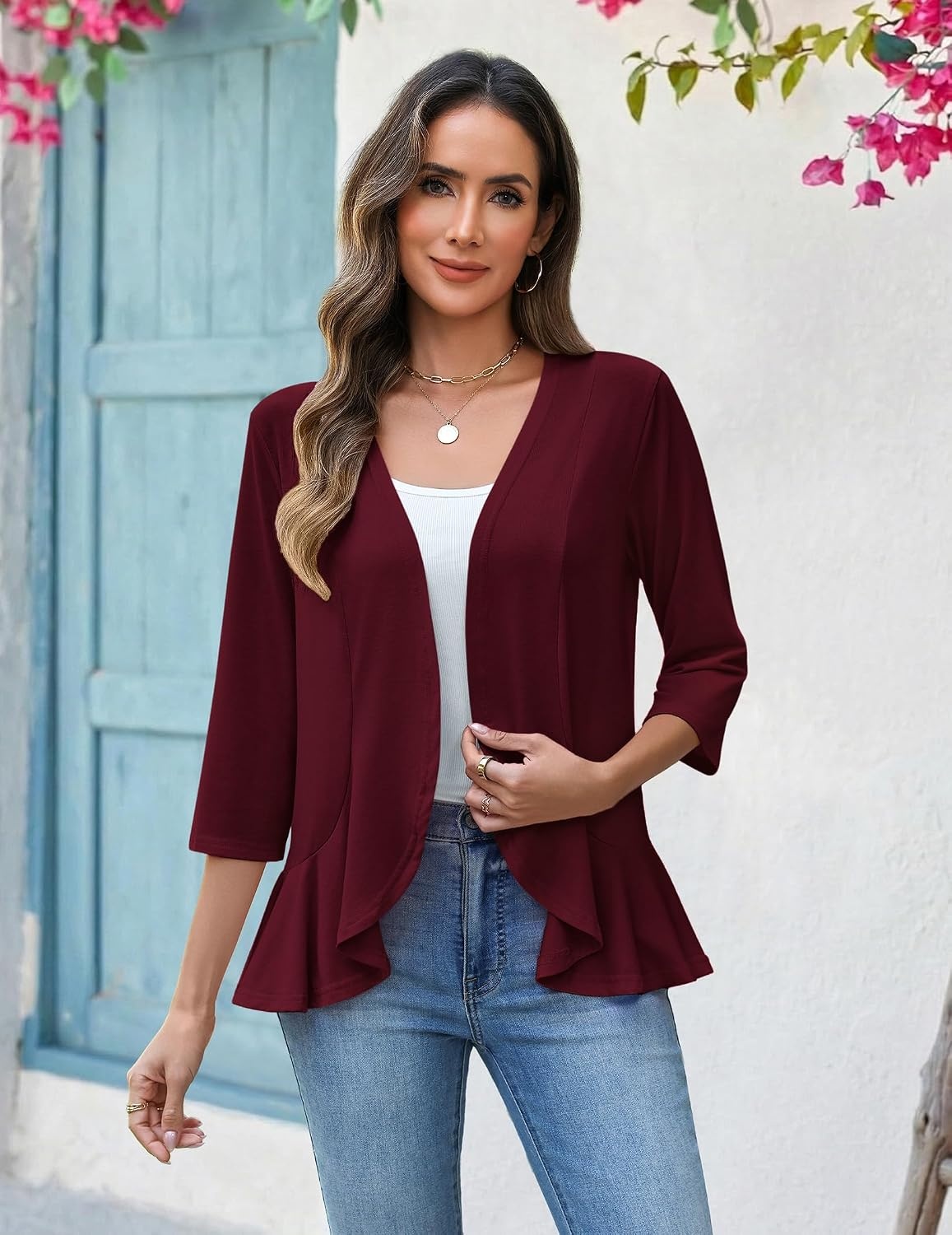 image:imageZeagoo Womens 2026 Summer 34 Sleeve Lightweight Cardigans Open Front Draped Ruffles Kimono CoverupsWine Red