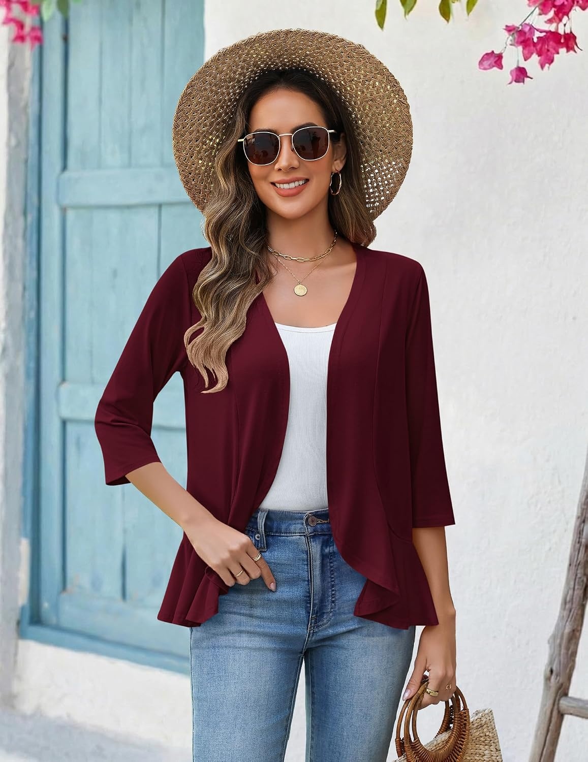 image:imageZeagoo Womens 2026 Summer 34 Sleeve Lightweight Cardigans Open Front Draped Ruffles Kimono CoverupsWine Red