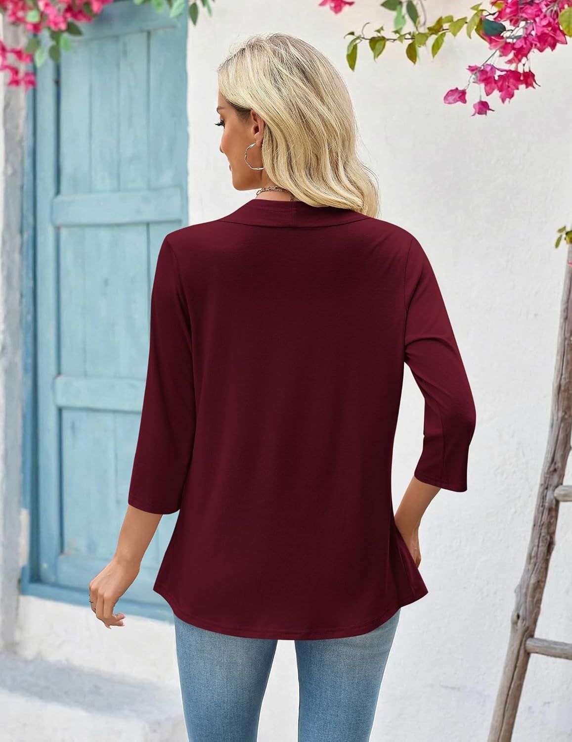 image:imageZeagoo Womens 2026 Summer 34 Sleeve Lightweight Cardigans Open Front Draped Ruffles Kimono CoverupsWine Red