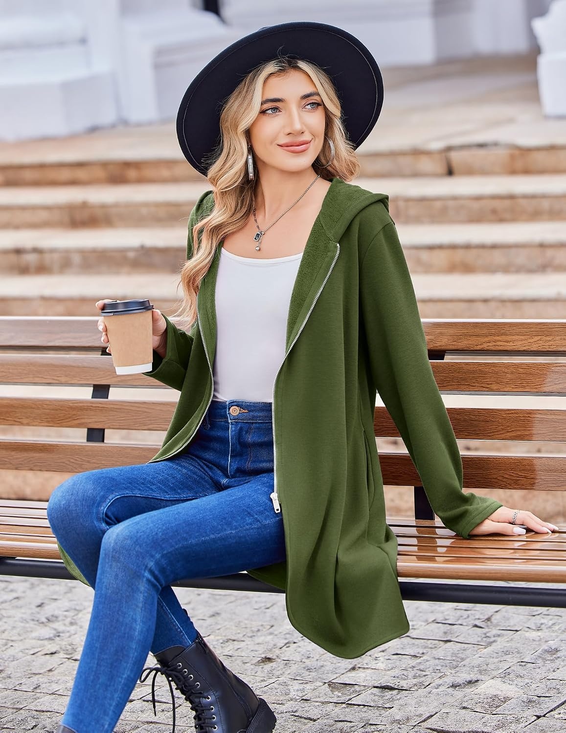 image:imageZeagoo Womens Fall Jacket 2026 Zip Up Hoodies Long Sleeve Long Tunic Sweatshirts Oversized Fleece Casual Coat with PocketAfleece Fabricarmy Green