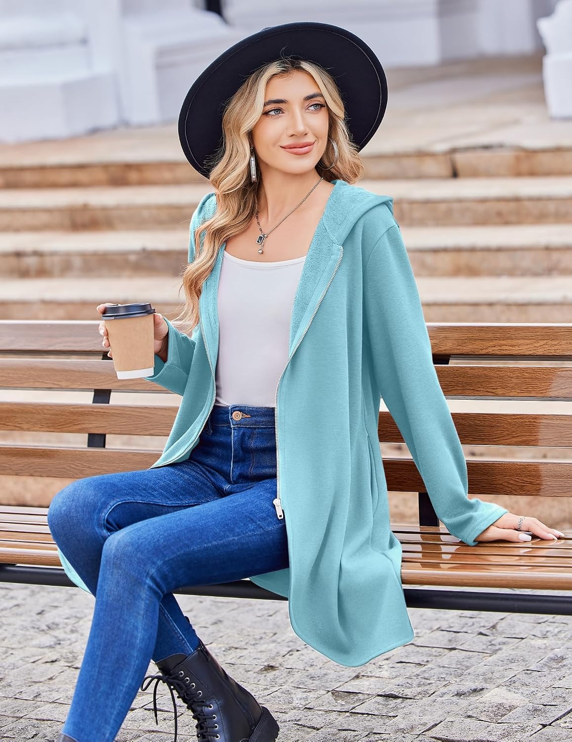 image:imageZeagoo Womens Fall Jacket 2026 Zip Up Hoodies Long Sleeve Long Tunic Sweatshirts Oversized Fleece Casual Coat with PocketAfleece Fabriclight Blue