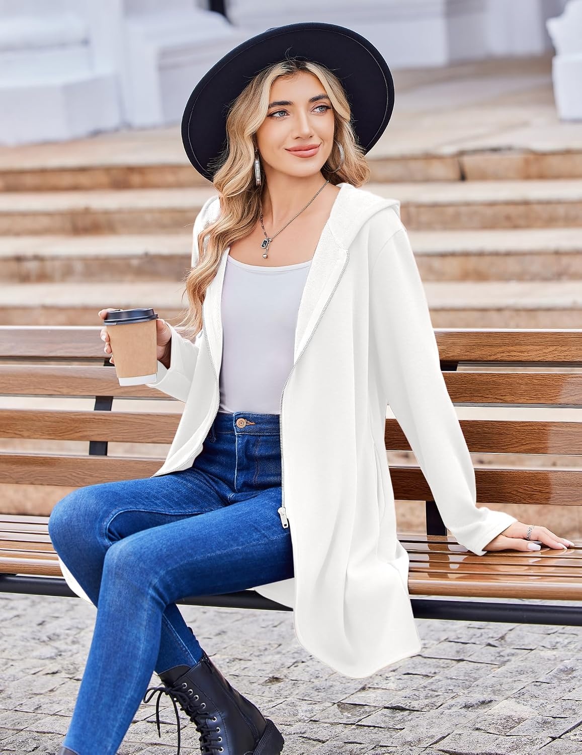 image:imageZeagoo Womens Fall Jacket 2026 Zip Up Hoodies Long Sleeve Long Tunic Sweatshirts Oversized Fleece Casual Coat with PocketAfleece Fabricwhite