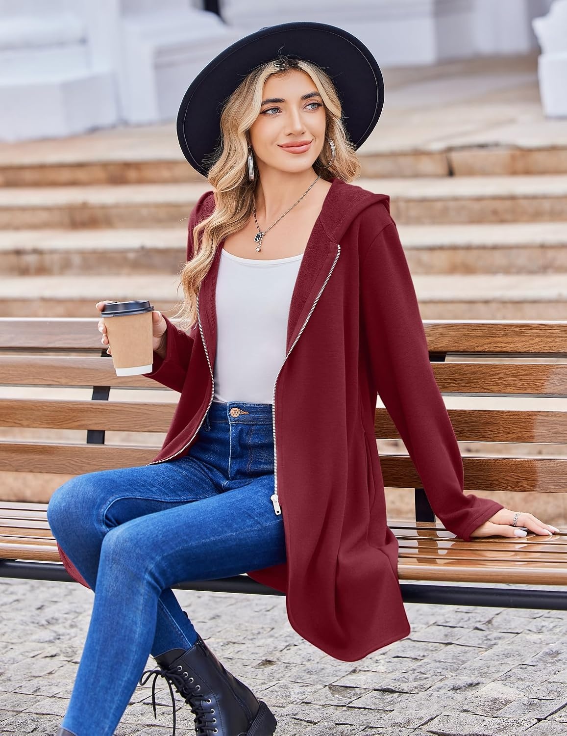 image:imageZeagoo Womens Fall Jacket 2026 Zip Up Hoodies Long Sleeve Long Tunic Sweatshirts Oversized Fleece Casual Coat with PocketAfleece Fabricwine Red