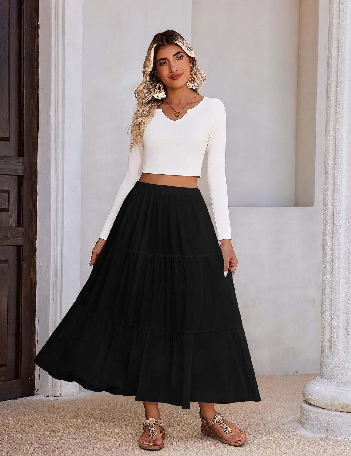 image:imageZeagoo Womens Maxi Skirt Chiffon Elastic High Waist Pockets Pleated ALine Flowy Skirts02black